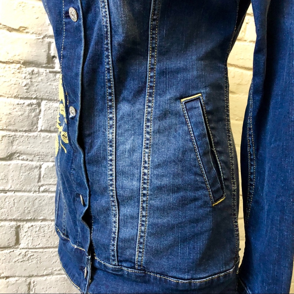 LulaRoe Jaxon gold roses blue denim jacket XS - Picture 4 of 7